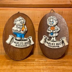 Vintage Plaques - "Worlds Best Grandpa" "Worlds Best Grandma"  Set of 2
